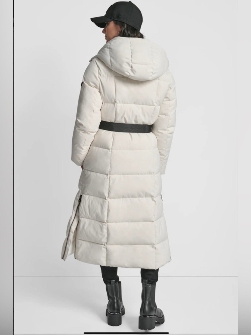 🌸 DKNY Cream Long Quilted Hooded Puffer Coat with Black Belt - Picture 9 of 9